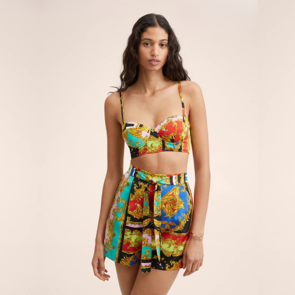 Mango Baroque Print Satin Flowy Shorts